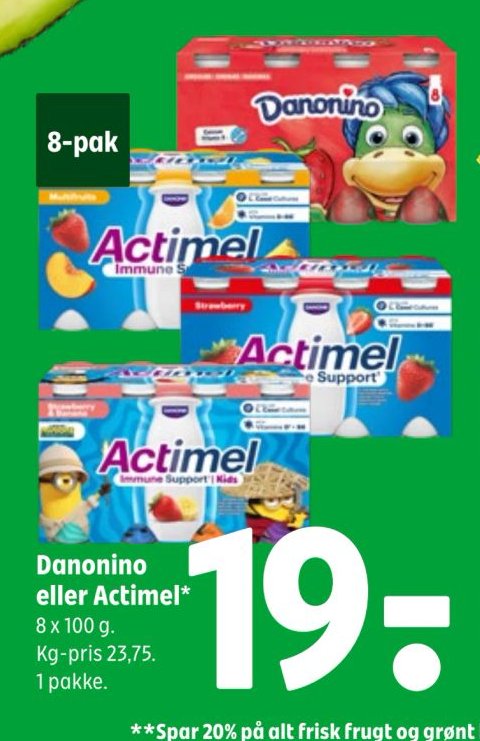 Danonino eller Actimel* 8 x 100 g. Kg-pris 23,75. 1 pakke. – Coop 365discount