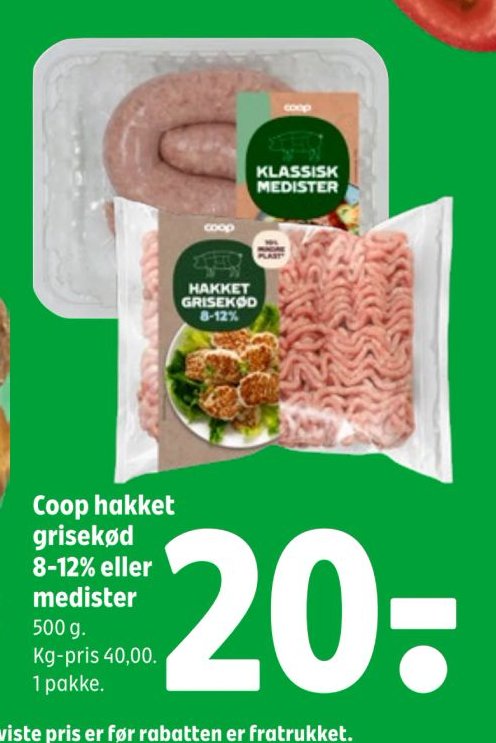 Coop hakket grisekød 8-12% eller medister 500 g. Kg-pris 40,00. 1 pakke. – Coop 365discount