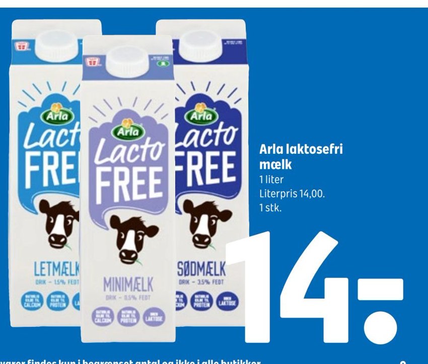 Arla laktosefri mælk 1 liter Literpris 14,00. 1 stk. – Coop 365discount