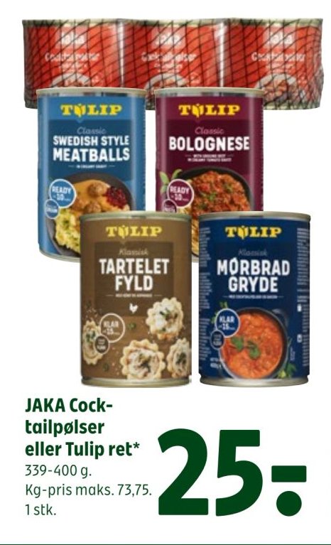 JAKA Cocktailpølser eller Tulip ret* 339-400 g. Kg-pris maks. 73,75. 1 stk. – Coop 365discount