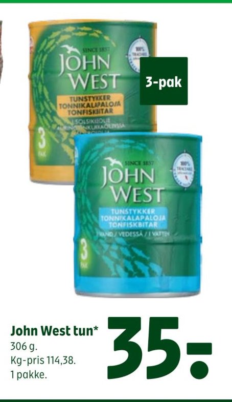 John West tun* 306 g. Kg-pris 114,38. 1 pakke. – Coop 365discount