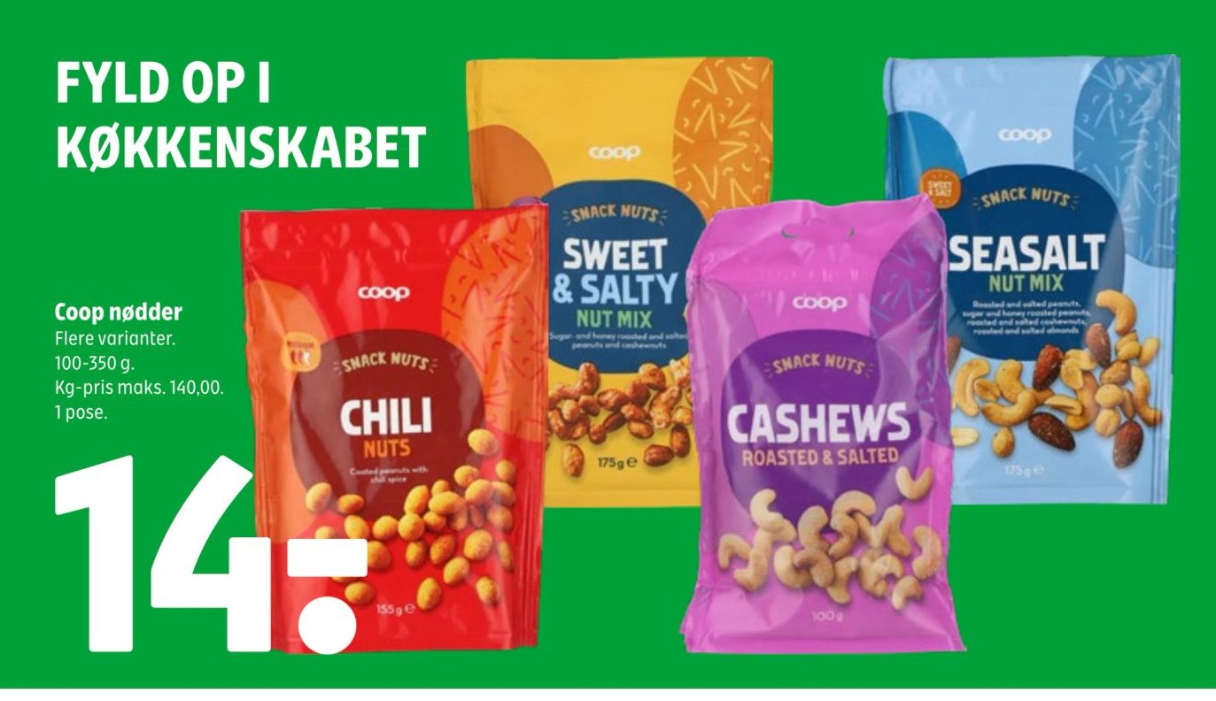 Coop nødder Flere varianter. 100-350 g. Kg-pris maks. 140,00. 1 pose. – Coop 365discount