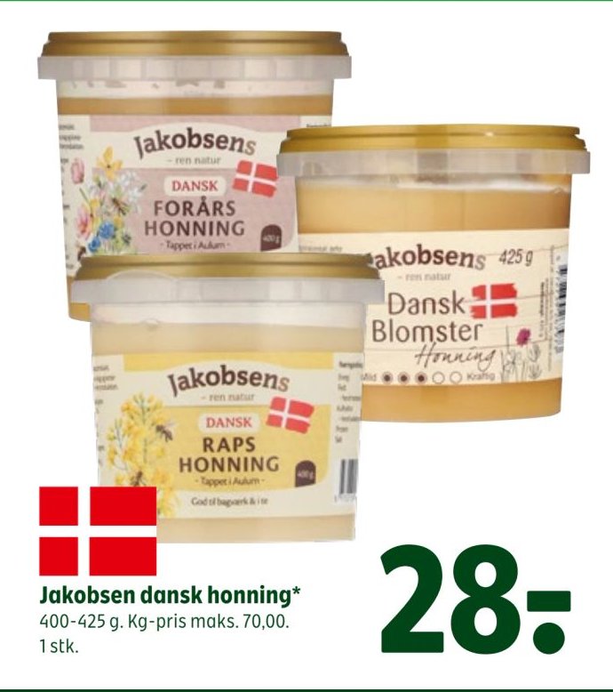 Jakobsen dansk honning* 400-425 g. Kg-pris maks. 70,00. 1 stk. – Coop 365discount