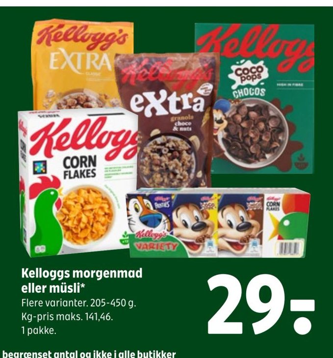 Kelloggs morgenmad eller müsli* Flere varianter. 205-450 g. Kg-pris maks. 141,46. 1 pakke. – Coop 365discount