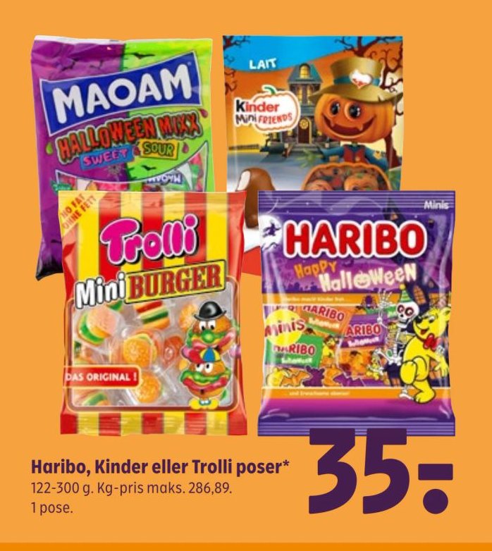 Haribo, Kinder eller Trolli poser* 122-300 g. 1 pose. – Coop 365discount