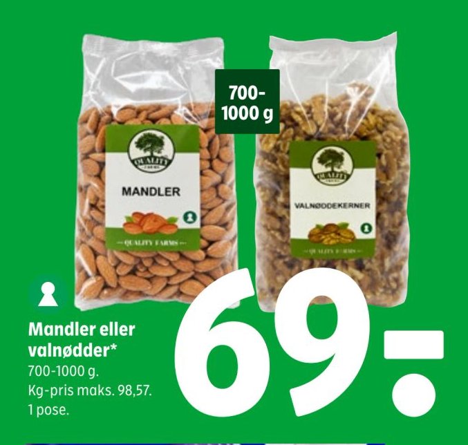 Mandler eller valnødder* 700-1000 g. Kg-pris maks. 98,57. 1 pose. – Coop 365discount