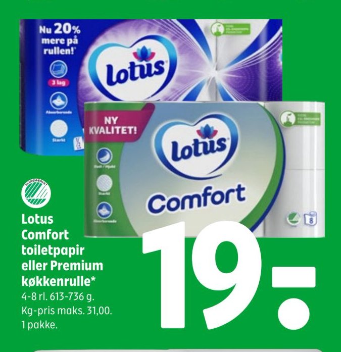 Lotus Comfort toiletpapir eller Premium køkkenrulle* 4-8 rl. 613-736 g. Kg-pris maks. 31,00. 1 pakke. – Coop 365discount