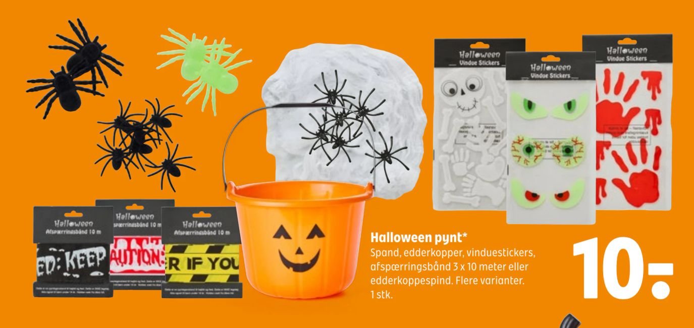 Halloween pynt* Spand, edderkopper, vinduestickers, afspærringsbånd 3 x 10 meter eller edderkoppespind. Flere varianter. 1 stk. – Coop 365discount