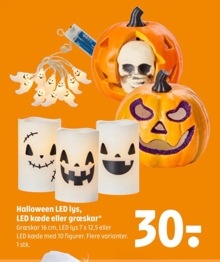 Halloween LED lys, LED kæde eller græskar* Græskar 16 cm, LED lys 7 x 12,5 eller LED kæde med 10 figurer. Flere varianter. 1 stk. – Coop 365discount