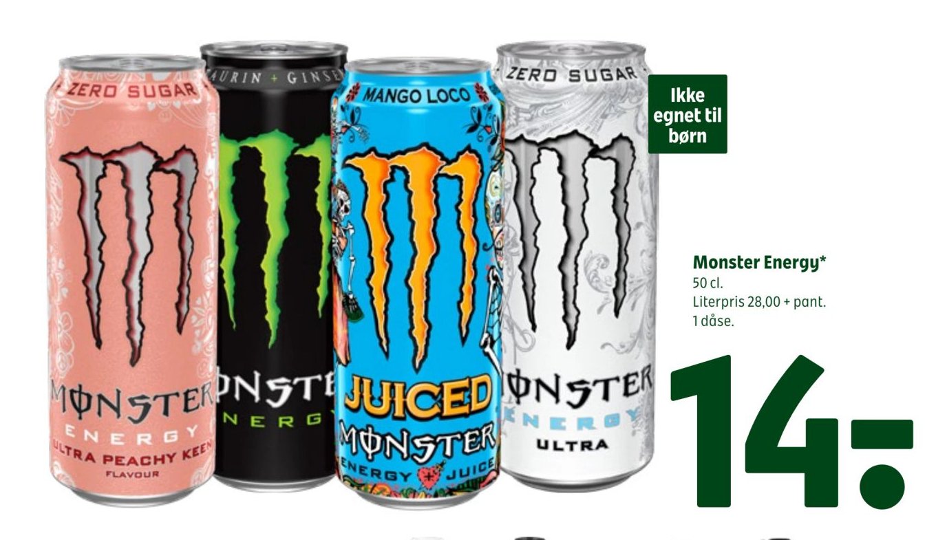 Monster Energy* 50 cl. Literpris 28,00 + pant. 1 dåse. – Coop 365discount