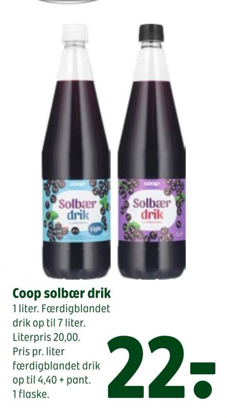 Coop solbær drik 1 liter. Færdigblandet drik op til 7 liter. Literpris 20,00. Pris pr. liter færdigblandet drik op til 4,40 + pant. 1 flaske. – Coop 365discount