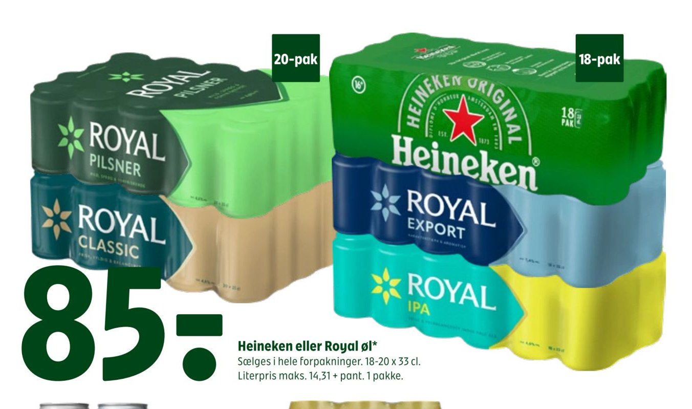 Heineken eller Royal øl* Selges i hele forpakninger. 18-20 x 33 cl. – Coop 365discount