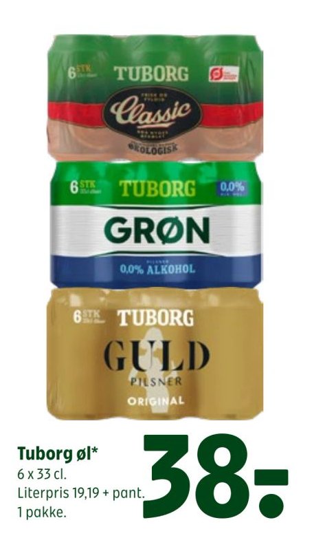 Tuborg øl* 6 x 33 cl. Literpris 19,19 + pant. 1 pakke. – Coop 365discount