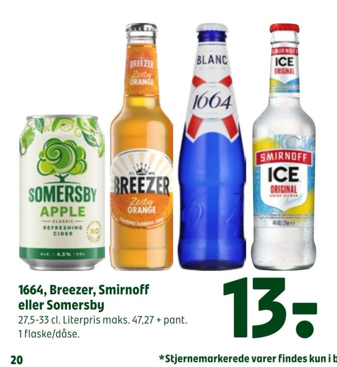 1664, Breezer, Smirnoff eller Somersby 27,5-33 cl. Literpris maks. 47,27 + pant. 1 flaske/dåse. – Coop 365discount