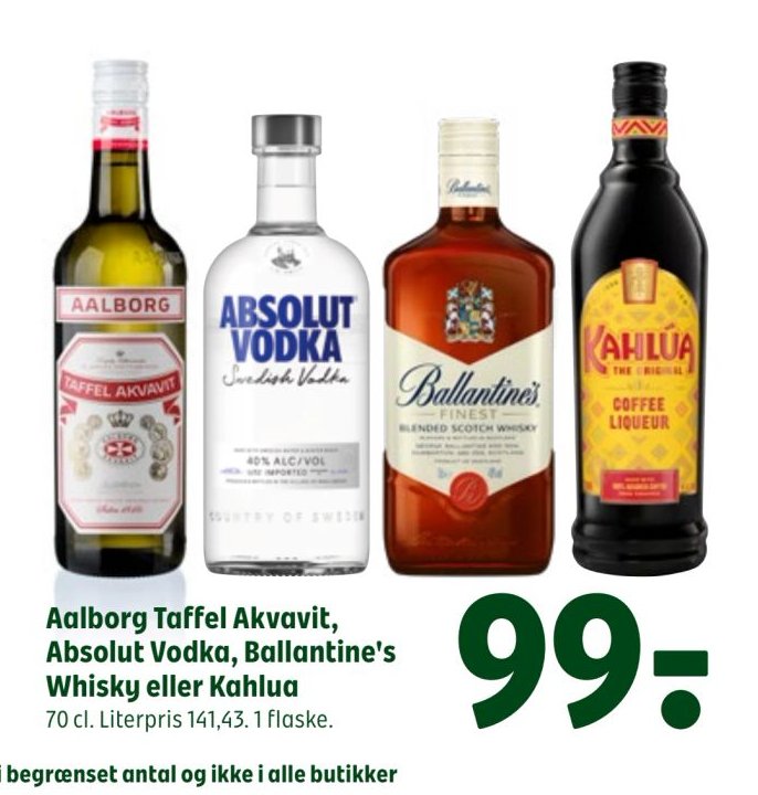 Aalborg Taffel Akvavit, Absolut Vodka, Ballantine's Whisky eller Kahlua 70 cl. Literpris 141,43. 1 flaske. – Coop 365discount