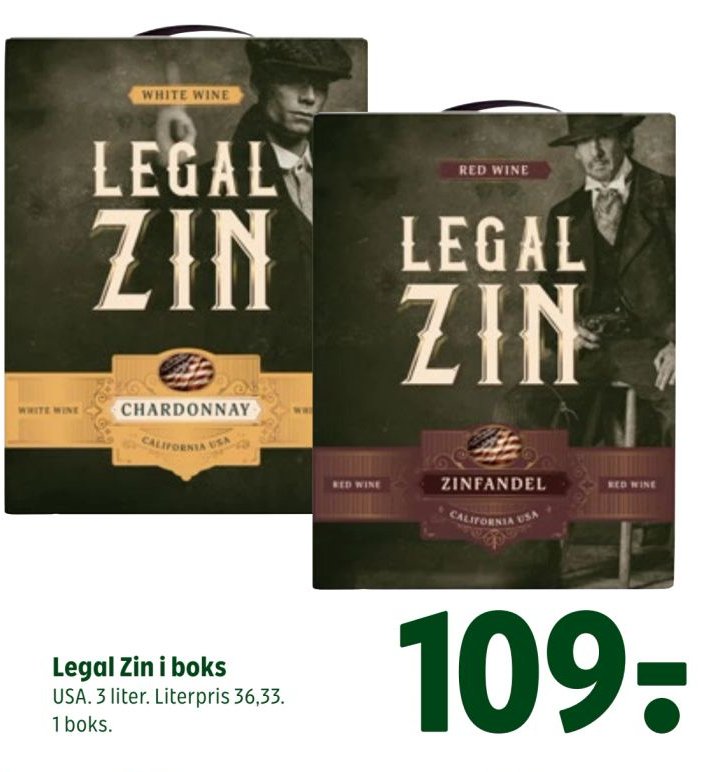 Legal Zin i boks USA. 3 liter. Literpris 36,33. 1 boks. – Coop 365discount