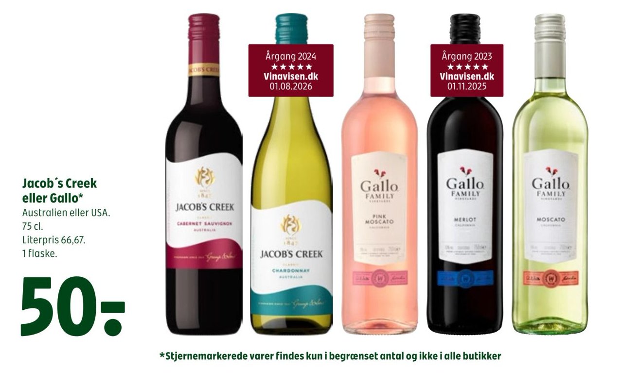 Jacob's Creek eller Gallo* Australien eller USA. 75 cl. Literpris 66,67. 1 flaske. – Coop 365discount