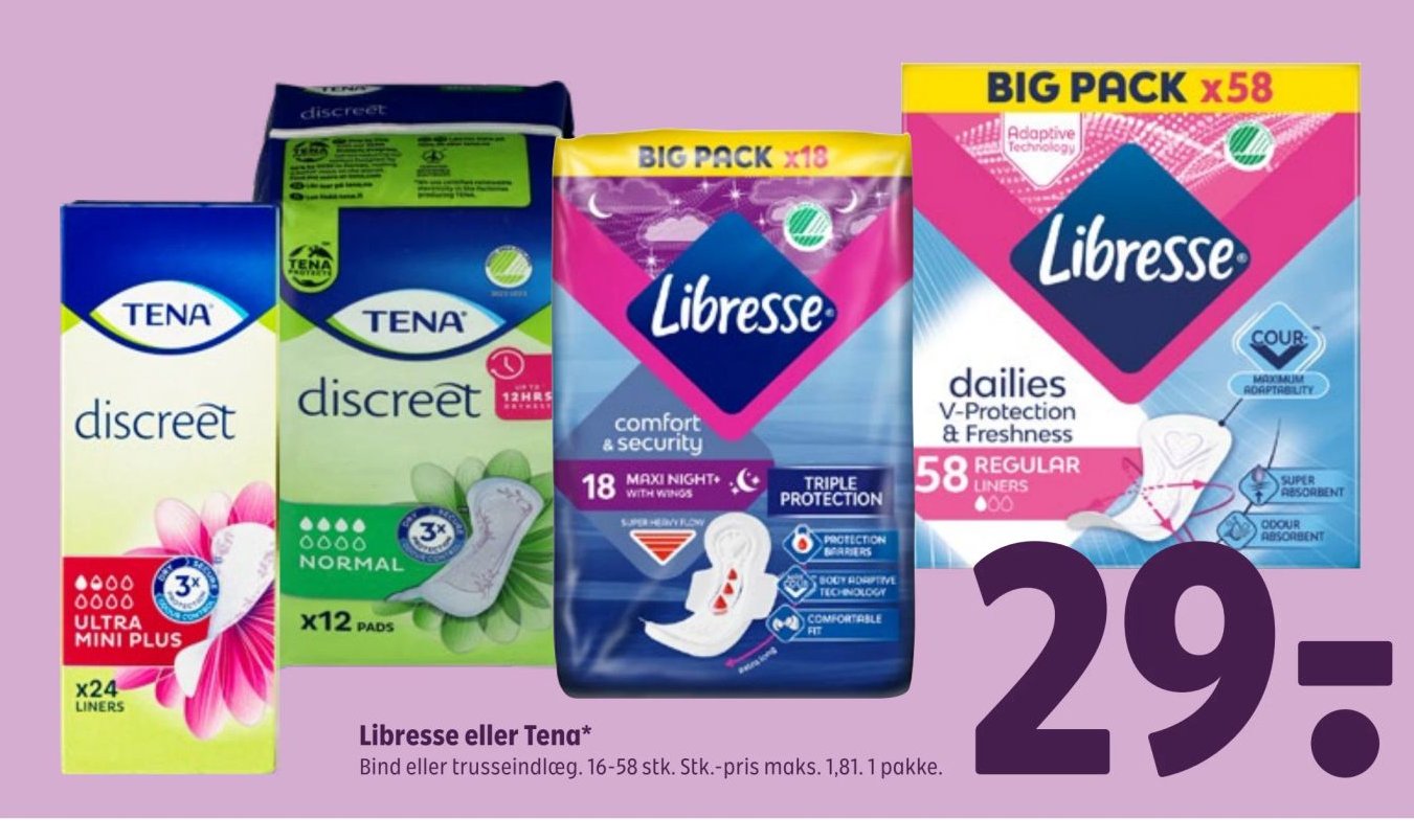 Libresse eller Tena* Bind eller trusseindlæg. 16-58 stk. Stk.-pris maks. 1,81. 1 pakke. – Coop 365discount