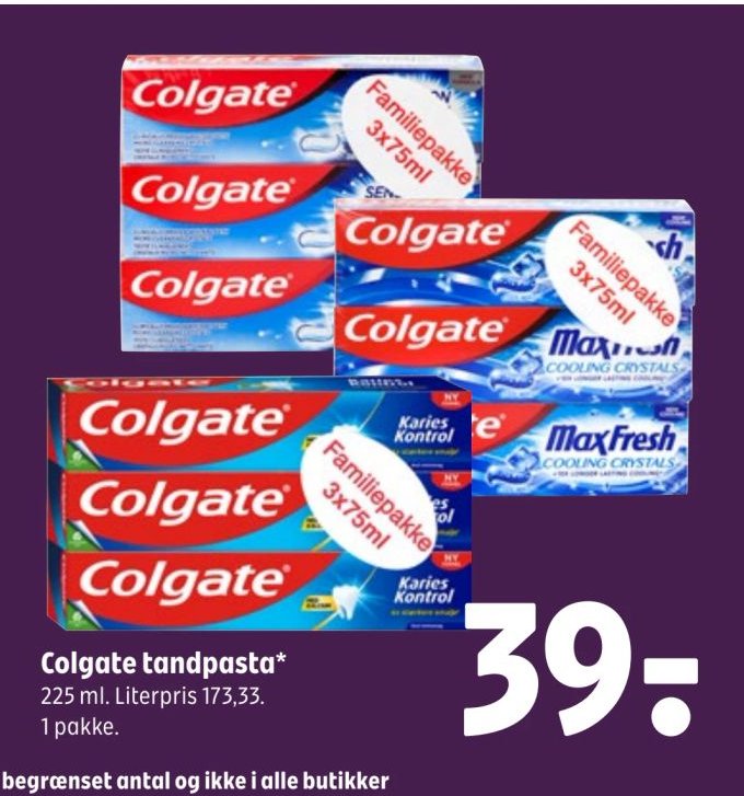 Colgate tandpasta* 225 ml. Literpris 173,33. 1 pakke. – Coop 365discount