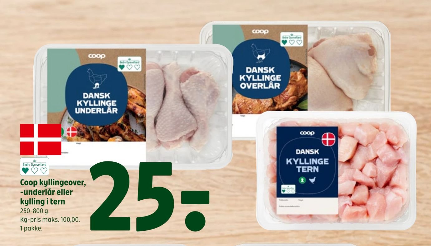 Coop kyllingeover, -underlår eller kylling i tern 250-800 g. Kg-pris maks. 100,00. 1 pakke. – Coop 365discount