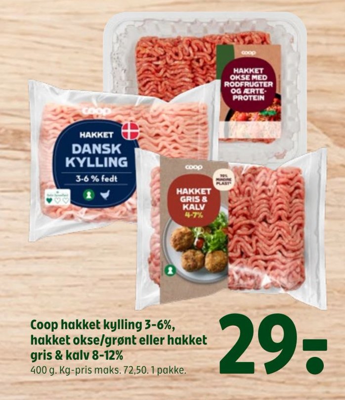 Coop hakket kylling 3-6%, hakket okse/grønt eller hakket gris & kalv 8-12% 400 g. Kg-pris maks. 72,50. 1 pakke. – Coop 365discount