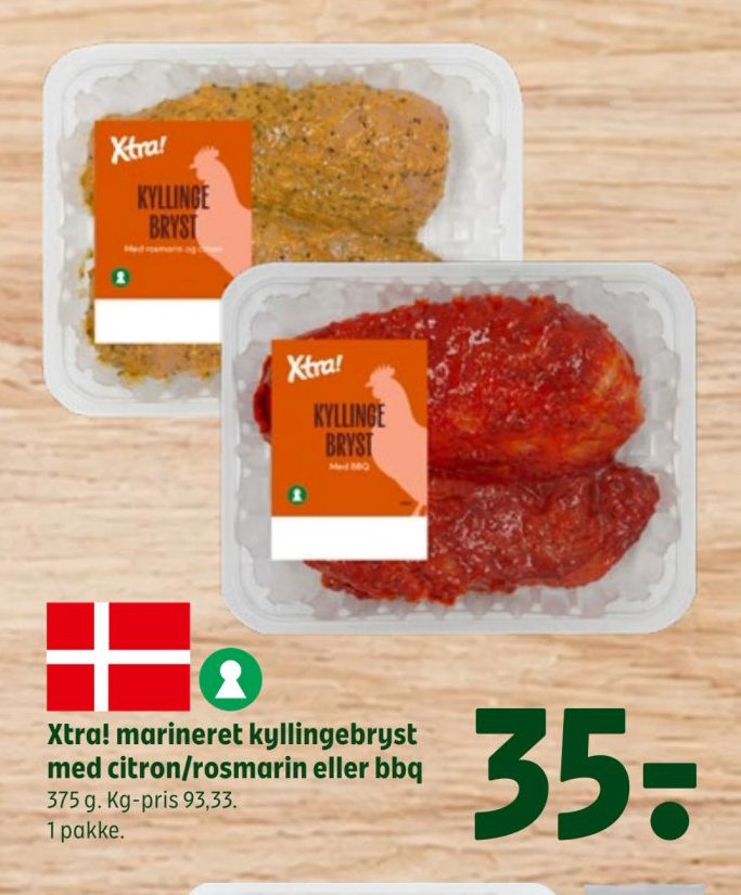 Xtra! marineret kyllingebryst med citron/rosmarin eller bbq 375 g. Kg-pris 93,33. 1 pakke. – Coop 365discount