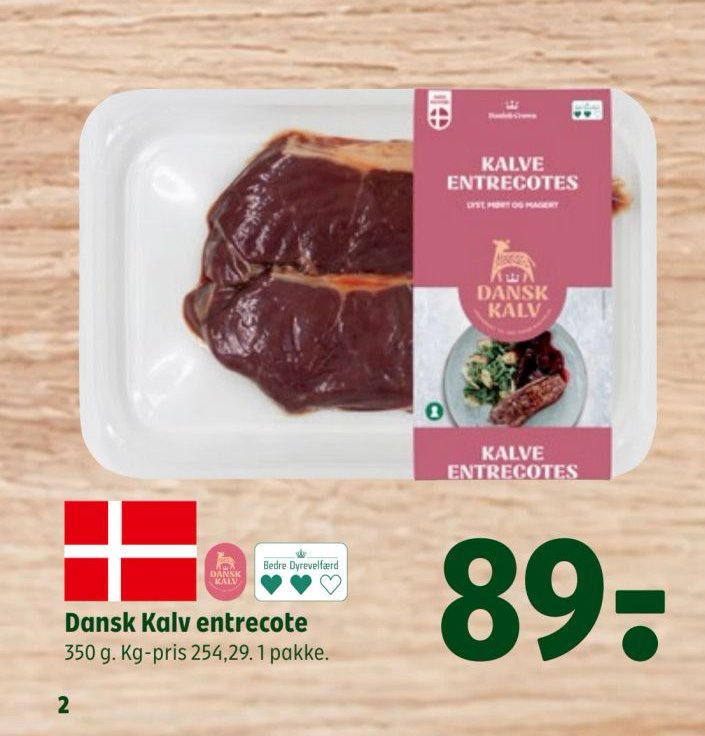 Dansk Kalv entrecote 350 g. Kg-pris 254,29. 1 pakke. – Coop 365discount