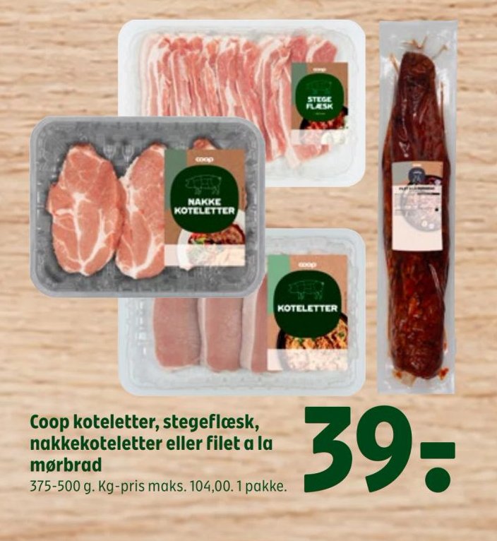 Coop koteletter, stegeflæsk, nakkekoteletter eller filet a la mørbrad 375-500 g. Kg-pris maks. 104,00. 1 pakke. – Coop 365discount
