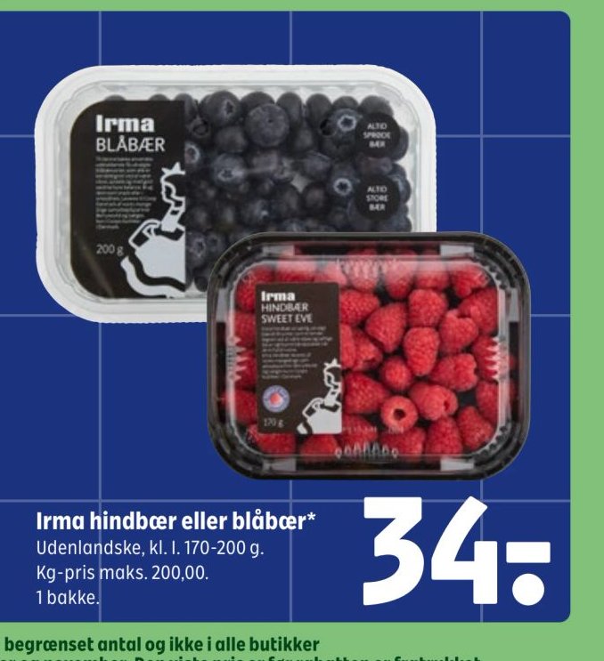 Irma hindbær eller blåbær* Udenlandske, kl. I. 170-200 g. – Coop 365discount