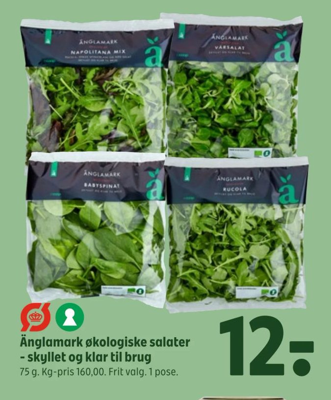 Änglamark økologiske salater - skyllet og klar til brug 75 g. Kg-pris 160,00. Frit valg. 1 pose. – Coop 365discount