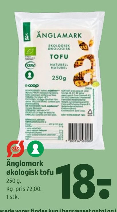 Änglamark økologisk tofu 250 g. Kg-pris 72,00. 1 stk. – Coop 365discount