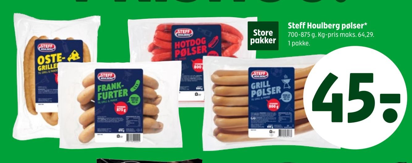 Steff Houlberg pølser* 700-875 g. Kg-pris maks. 64,29. 1 pakke. – Coop 365discount
