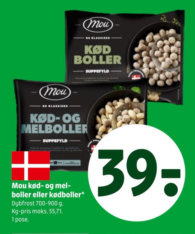 Mou kød- og melboller eller kødboller* Dybfrost 700-900 g. Kg-pris maks. 55,71. 1 pose. – Coop 365discount