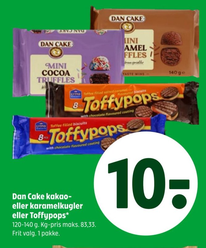 Dan Cake kakao- eller karamelkugler eller Toffypops* 120-140 g. Kg-pris maks. 83,33. Frit valg. 1 pakke. – Coop 365discount