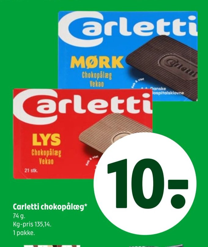 Carletti chokopålæg* 74 g. Kg-pris 135,14. 1 pakke. – Coop 365discount