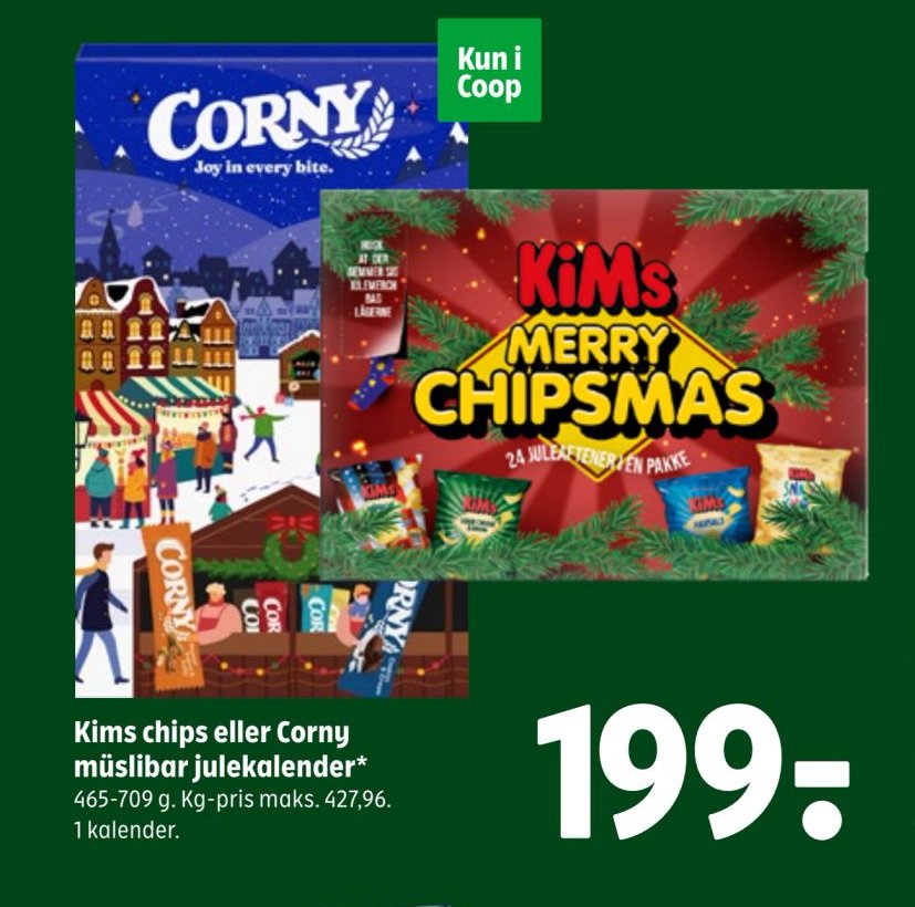 Kims chips eller Corny müslibar julekalender – Coop 365discount