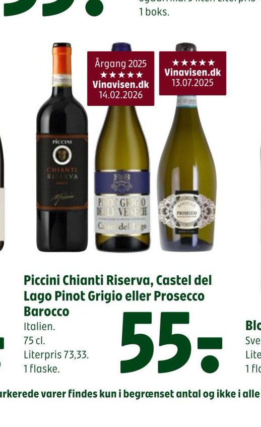Piccini Chianti Riserva, Castel del Lago Pinot Grigio eller Prosecco Barocco – Coop 365discount