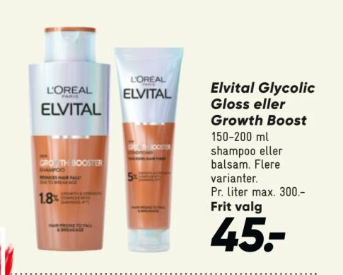 Elvital Glycolic Gloss eller Growth Boost 150-200 ml shampoo eller balsam. Flere varianter. Pr. liter max. 300.- Frit valg – Bilka