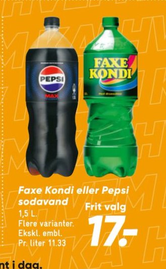 Faxe Kondi eller Pepsi sodavand 1,5 L Flere varianter. Ekskl. embl. Pr. liter 11,33 – Bilka