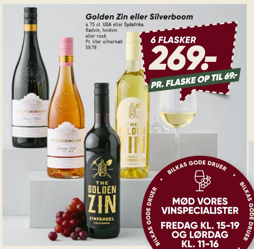 Golden Zin eller Silverboom a 75 cl. USA eller Sydafrika. Rødvin, hvidvin eller rosé. Pr. liter v/merkøb 59.78 – Bilka