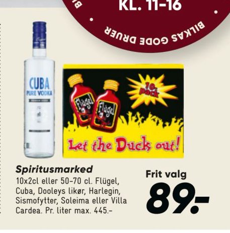 Spiritusmarked 10x2 cl eller 5-70 cl. Flügel, Cuba, Dooleys likør, Harleqin, Sismofytter, Soleima eller Villa Cardea. Pr. liter max. 445.- – Bilka