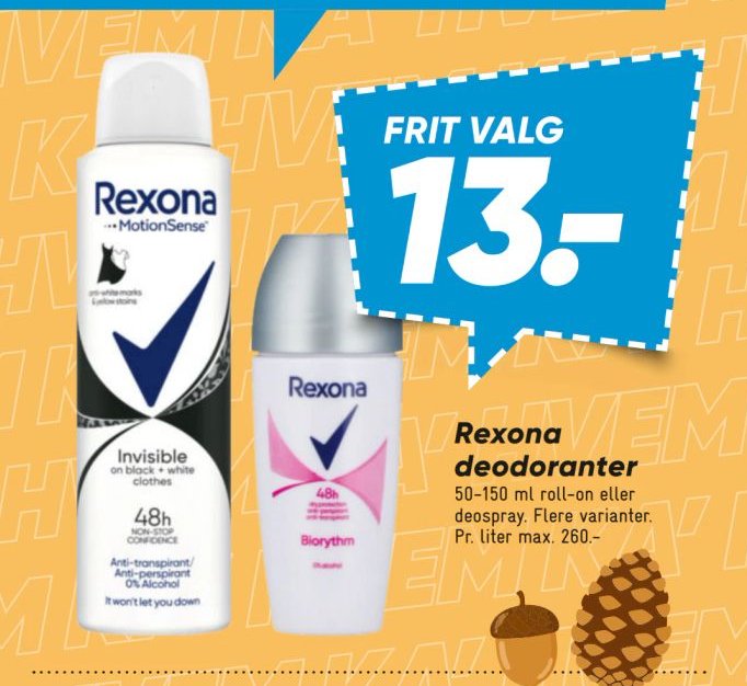 Rexona deodoranter 50-150 ml roll-on eller deospray. Flere varianter. Pr. liter max. 260.- – Bilka