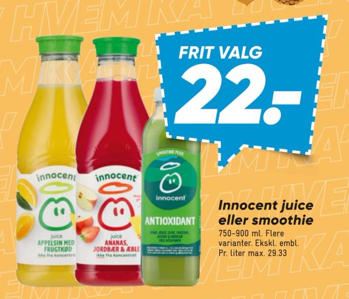 Innocent juice eller smoothie 750-900 ml. Flere varianter. Ekskl. embl. Pr. liter max. 29.33 – Bilka
