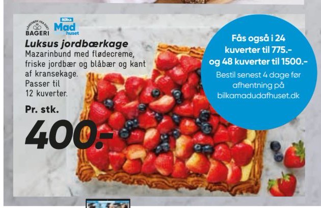 Luksus jordbærkage Mazarinbund med flødercreme, friske jordbær og blåbær og kant af kransekage. Passer til 12 kuverter. Pr. stk. – Bilka