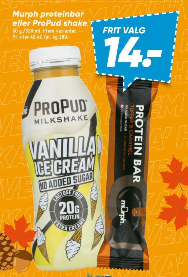 Proteinbar ProPud shake 330 ml. Flere varianter. Pr. kg 280.- – Bilka