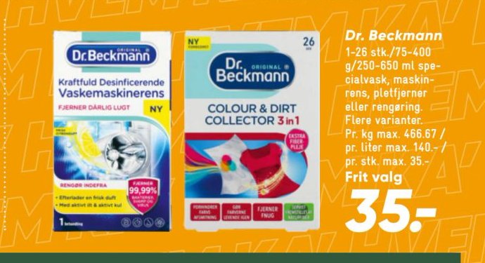 Dr. Beckmann 1-26 stk./75-400 g/250-650 ml specialvask, maskintabs, pletfjerner eller rengøring. Flere varianter. – Bilka