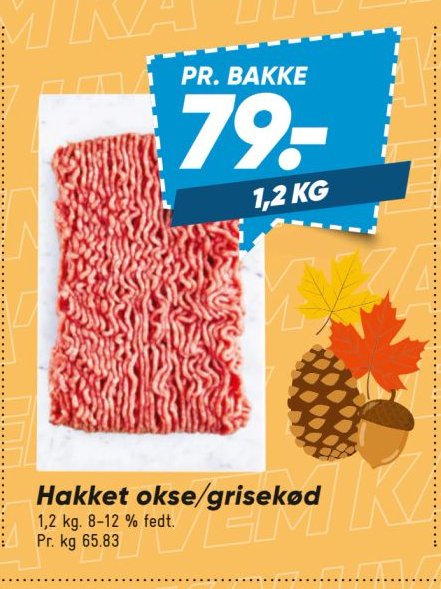 Hakket okse/grisekød 1,2 kg. 8-12 % fedt. Pr. kg 65.83 – Bilka