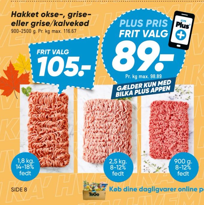 Hakket okse-, grise- eller kalvekød 1,8 kg. 14-18% fedt – Bilka