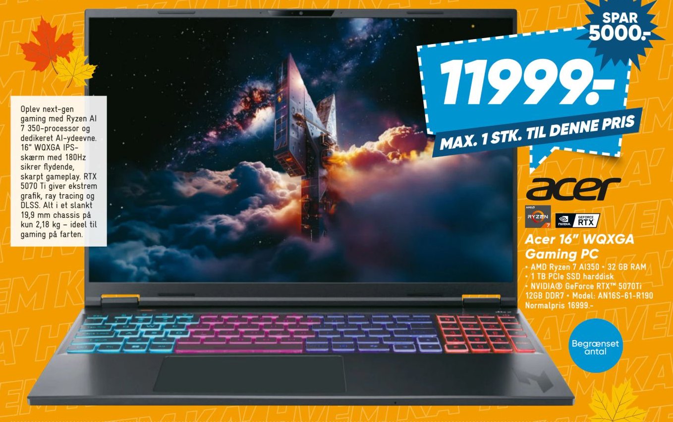 Acer 16" WQXGA Gaming PC
- AMD Ryzen 7 A1350 - 32 GB RAM
- 1 TB PCIe SSD harddisk
- NVIDIA® GeForce RTX™ 5070Ti 12GB DDR7 - Model: AN16S-61-R190
Normalpris 16999,- – Bilka