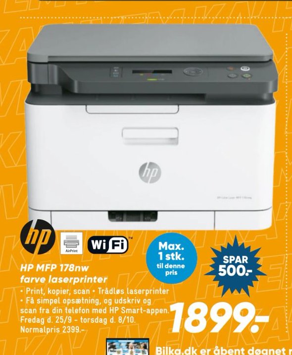 HP MFP 178nw farve laserprinter
- Print, kopier, scan
- Trådløs laserprinter
- Få simpel opsætning, og udskriv og scan fra din telefon med HP Smart-appen
Normalpris 2399,- – Bilka